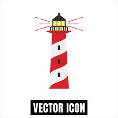 Red and white striped lighthouse guiding with light rays, flat design vector illustration