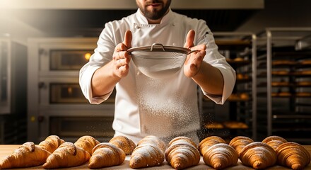 Baker Dusting Croissants with Powdered Sugar in a Professional Kitchen.