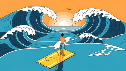 surfing illustration of a lone person with a surfboard waiting for the perfect ocean wave at sunset representing summer adventure and freedom