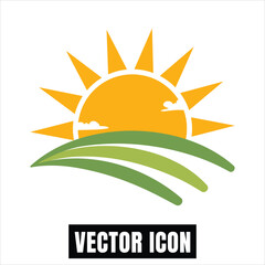 Sun Rise Vector Illustration with Green Fields and Clouds Flat Design