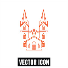 Orange Outline Church Icon with Towers and Cross Vector Illustration