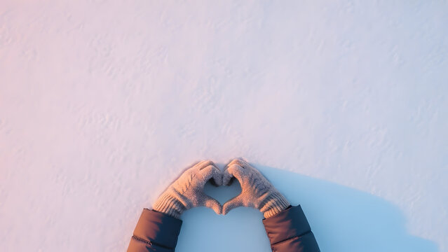warm winter scene of gloved hands forming a heart shape against a softly textured snow surface illuminated by gentle pastel lighting