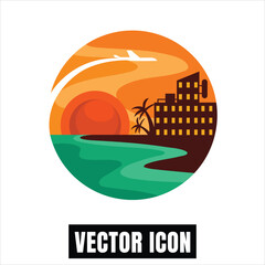 Sunset beach resort with palm trees, ocean, and airplane vector illustration