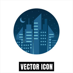 Cityscape at Night Flat Design Vector Illustration with Moon and Stars