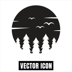 Minimalist Forest Landscape Vector Illustration with Birds and Moon Icon