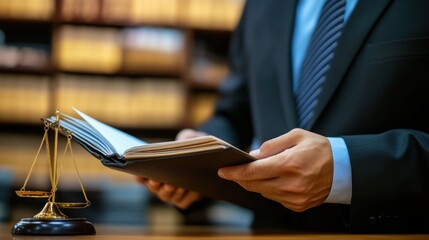 Serious Man Reading Book with Golden Scale on Desk in Office