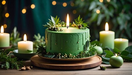 A vibrant, green-frosted cake with a single lit candle at center, adorned with foliage. Candles and greenery surround it on a wooden table