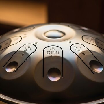 Close up photograph showcases the metallic surface markings and tonal zones of an idiophone percussion instrument.