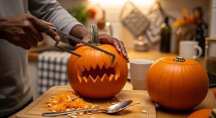 Person carving a spooky jackolantern for Halloween in a cozy kitchen setting.