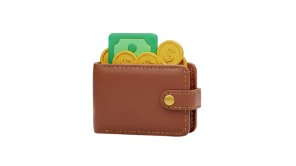 Brown wallet filled with cash and coins