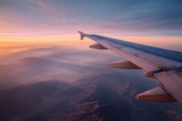 Obraz premium Airplane wing view of sunrise over mountains