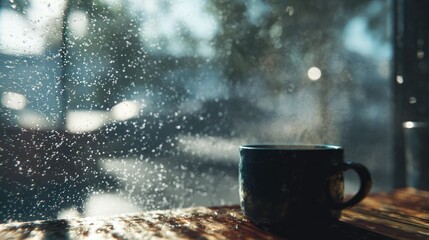 Steaming coffee cup on a wooden table with raindrops on the window