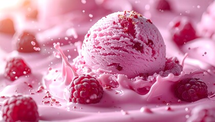 A vibrant scoop of pink dessert, splashed in a creamy swirl with fresh red berries and sprinkles