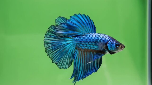 Vibrant blue betta fish swimming against green background