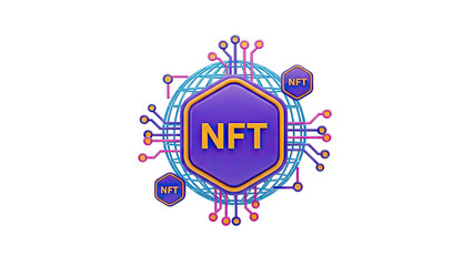 3D Rendering of NFT Symbol with Digital Network Connections