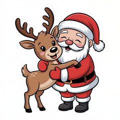 Cute Christmas Santa and Reindeer Illustration: Joyful Festive Holiday Scene with Warm Nostalgic Colors