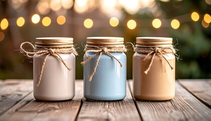 Three decorative jars of varying colors sit on a wooden surface, tied with twine, with bokeh lights