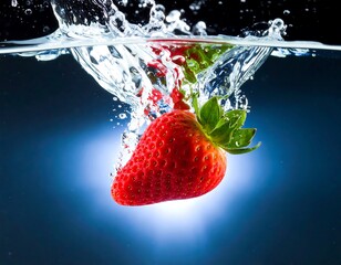 A vibrant red, ripe berry plunges into clear water, creating dynamic splashes against a deep blue, subtly lit background