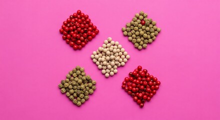 Colorful Peppercorns in Diamond Shapes on Fuchsia Background