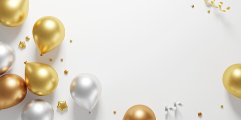 Luxury gold and silver balloons on white background with copy space for celebration and success concept banner 3D render