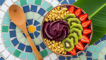 Delicious acai bowl with fresh kiwi and strawberries on colorful mosaic plate
