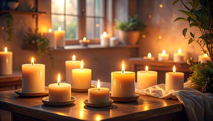 A warm, cozy interior scene features numerous lit candles on a wooden table, bathing the room in soft, golden light