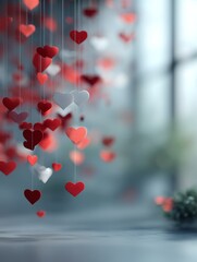 Obraz premium Abstract heart silhouettes floating on soft misty background, minimal romantic design with clean copy space, emotional and dreamy atmosphere, elegant subtle gradient composition