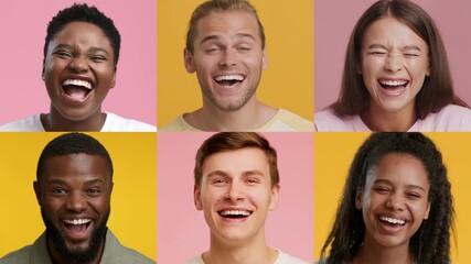 A captivating collection showcases diverse individuals laughing and smiling, each radiating genuine emotion. The bright backgrounds enhance the lively atmosphere of unity and happiness.