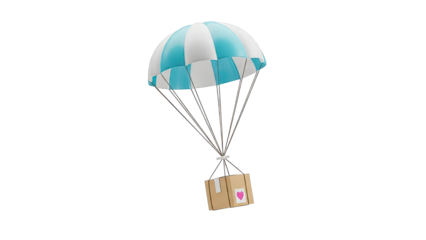 Cardboard box with heart symbol descending by parachute