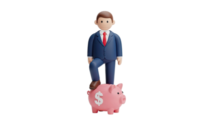 Cartoon businessman with foot on piggy bank