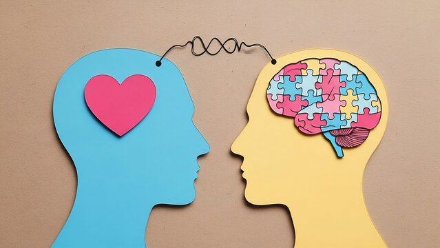 Conceptual image of emotional intelligence and logical thinking connection, represented by heart and puzzle brain.