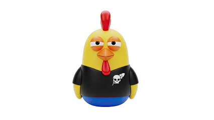 Cartoon chicken toy with skull and feather emblem on black shirt