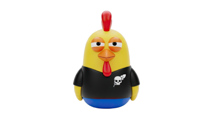Cartoon chicken toy with skull and feather emblem on black shirt