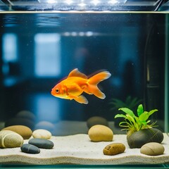 Bright orange goldfish swims gracefully in a well-lit home aquarium setup