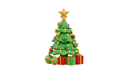 Cartoon Christmas Tree with Ornaments and Gifts