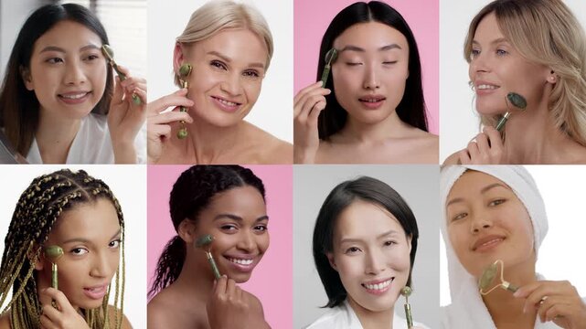 A collage showcases women from various backgrounds joyfully using jade rollers on their faces, embracing skin care rituals that promote beauty and relaxation.