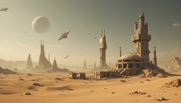 A post-apocalyptic desert planet with abandoned high-tech cities buried in sand, broken satellites in the sky, realistic textures, cinematic sci-fi mood
