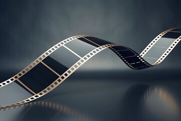 Flowing film strip with frames on a neutral background representing filmmaking, movie production, cinema history, and creative visual storytelling.