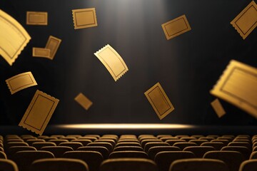 Golden cinema tickets flying above empty theater seats under dramatic spotlight, symbolizing VIP access, movie premiere, luxury entertainment, and exclusive cinema experience.
