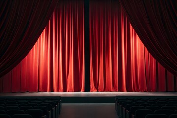 Open red theater curtains revealing an empty stage before a performance. Dramatic and elegant scene symbolizing anticipation, storytelling and classic performing arts atmosphere.