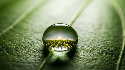 Macro water drop on green leaf reflecting sunrise landscape