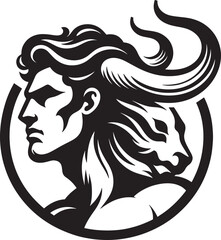 A tribal vector illustration of a black lion head silhouette and a woman face symbol represents the artistic fusion of the zodiac signs Gemini and Leo