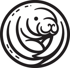 A black and white fish vector illustration featuring a happy cartoon animal face in a circular icon design for a web button or tattoo art symbolA black and white fish vector illustration featuring a h