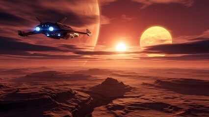 Futuristic spaceship exploring a red alien planet landscape with a dramatic sunset and giant moon
