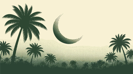 Stylized graphic illustration of palm trees and a crescent moon in a tropical night landscape with a vintage halftone effect.
