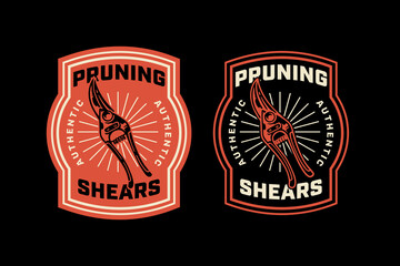 Pruning shear tool retro badge logo design set for gardening. Hand pruners vintage patch symbol graphic pack for horticulture. Garden cutting shears rustic emblem element bundle for landscape