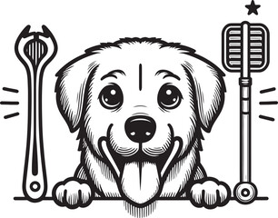 A cute brown puppy character holds a bone in this funny cartoon vector illustration, featuring a fun canine design in a comic art style for a child