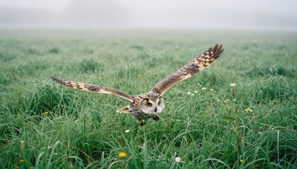 A magnificent owl is captured in mid-flight, gliding with wide-spread wings just above a vibrant green field adorned with wildflowers under a soft, diffused daylight sky.