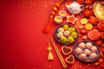 Chinese New Year festive table setting with dumplings