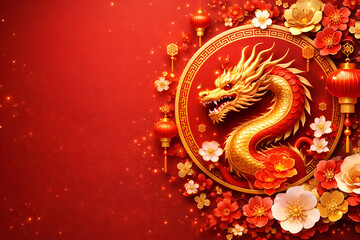 Vibrant Chinese dragon design with flowers and lanterns